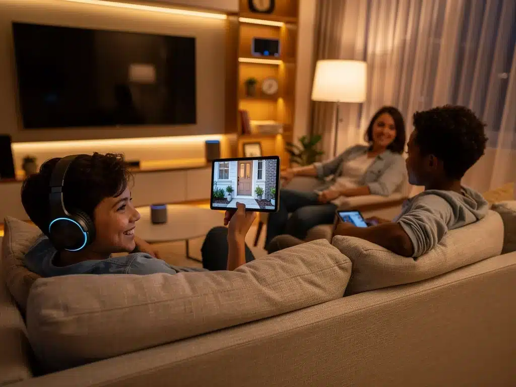 Family enjoying a connected home environment with various smart devices.