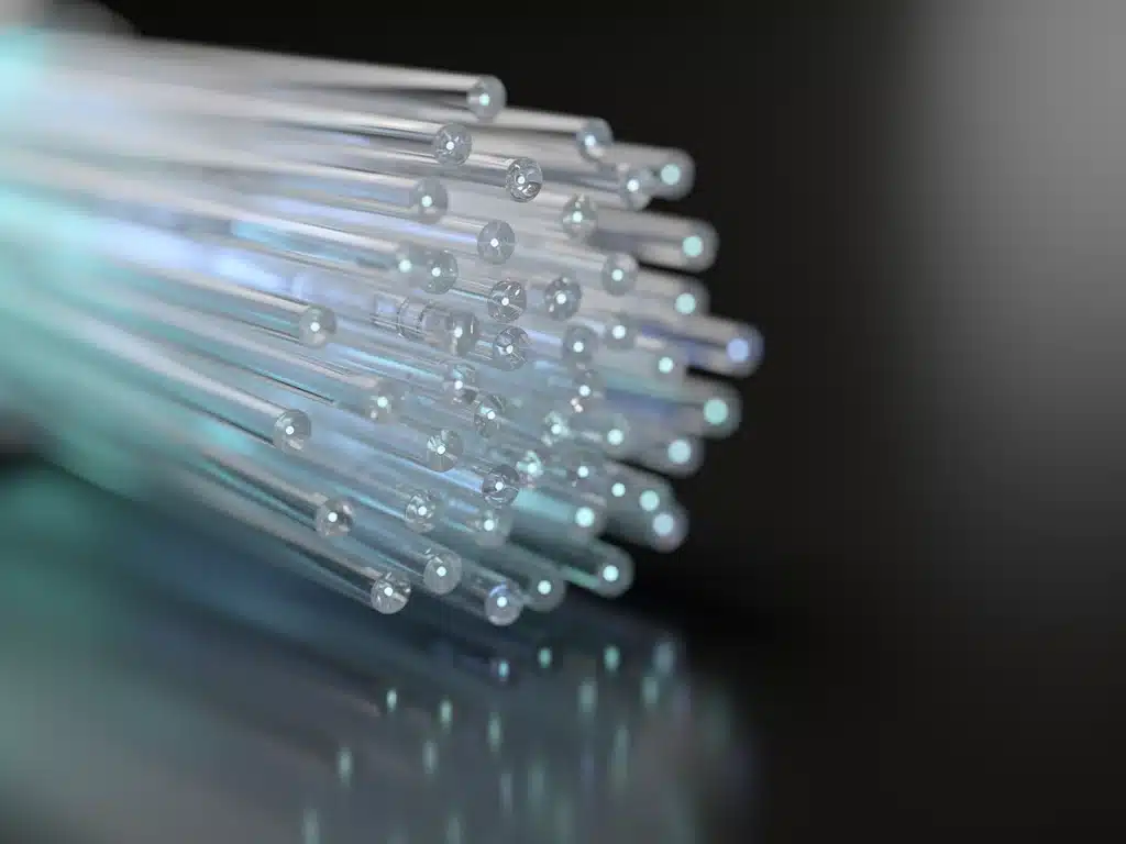 Close-up of fiber optic cables demonstrating advanced internet infrastructure.