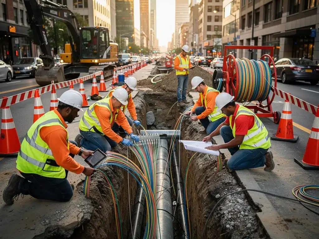 Construction workers installing fiber optic cables in an urban setting