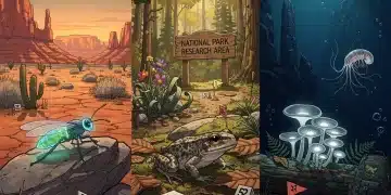 Illustration of five recently discovered species in US National Parks, including insects, plants, and amphibians.