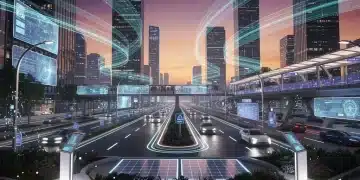 Futuristic cityscape with advanced sensor networks and smart city infrastructure