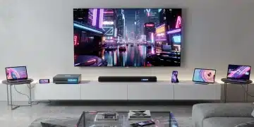 Futuristic living room with a large Micro-LED TV displaying vivid imagery.