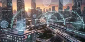 Futuristic cityscape with quantum computing data streams