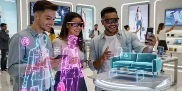 Futuristic retail store with customers using augmented reality for interactive shopping experiences