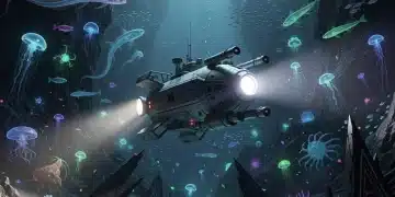Futuristic submersible exploring mysterious deep-sea trench with bioluminescent life and strange structures.