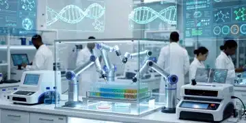 Scientists in a futuristic lab analyzing medical data and samples, representing US medical discoveries.