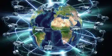 Global satellite internet network connecting continents, symbolizing future connectivity.