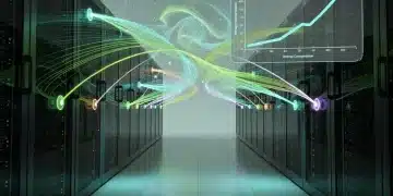 Green AI optimizing energy consumption in a modern U.S. data center, showcasing sustainable technology.