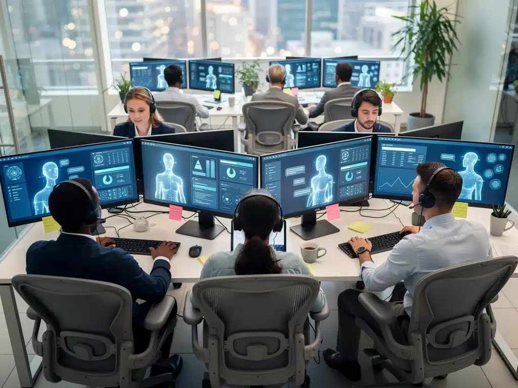 Human customer service agents working alongside AI assistants in a collaborative office.