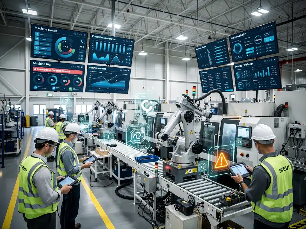 Industrial IoT factory floor utilizing edge computing for real-time data analysis.