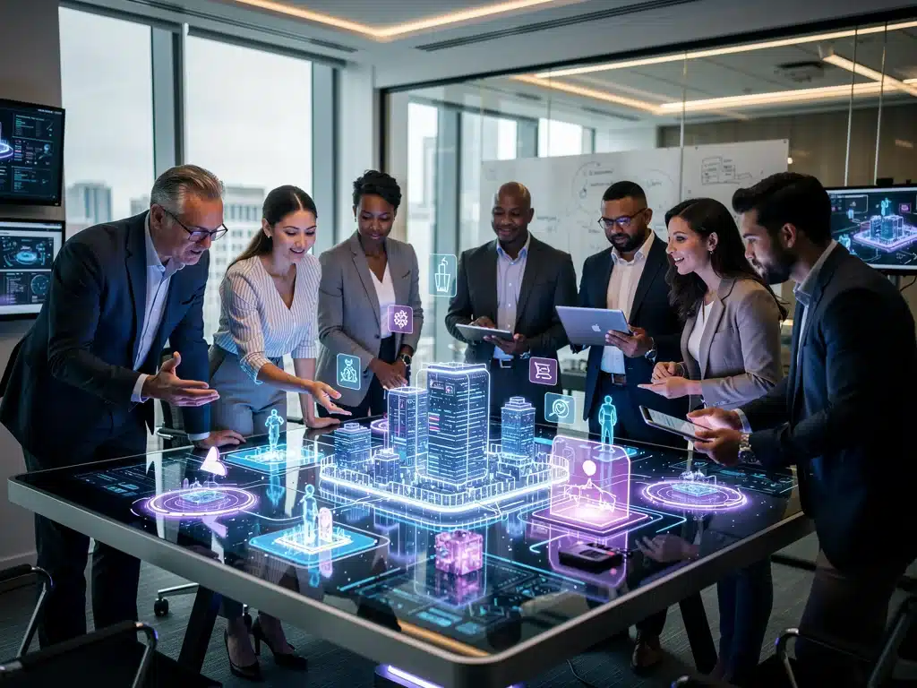 U.S. innovators collaborating on metaverse application concepts using holographic technology.