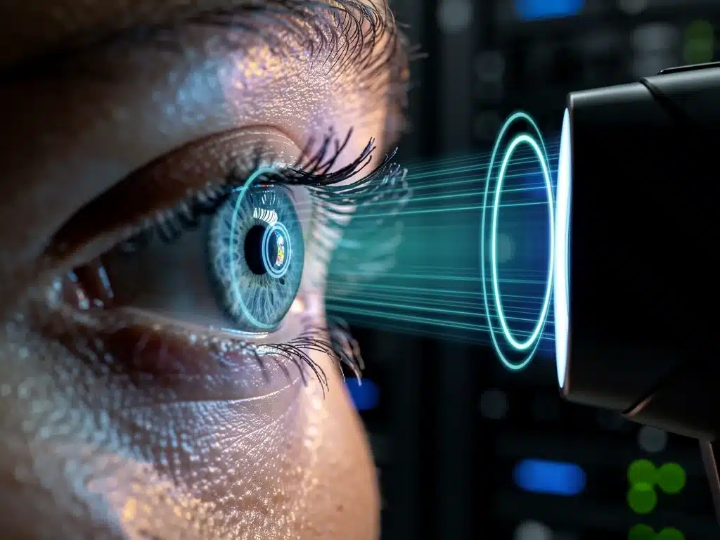 Close-up of an iris scanner in action, showing advanced optical biometric authentication