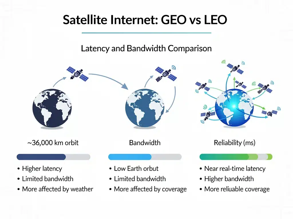 Comparison of LEO and GEO satellite internet performance metrics.