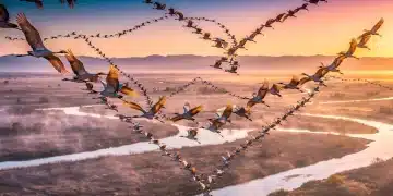 Massive bird flock migrating in synchronized V-formation over US wetlands at sunrise