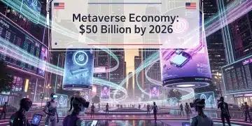 Futuristic metaverse cityscape with digital avatars and a $50 billion market projection for U.S. innovators.
