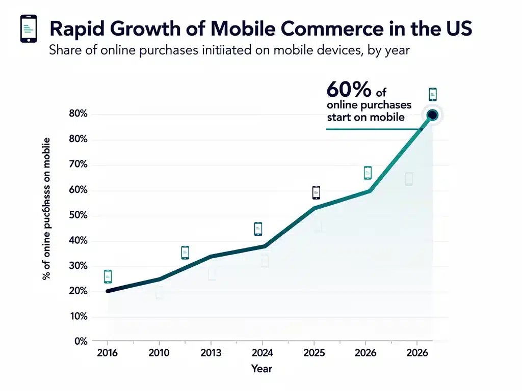Chart showing the rapid growth and increasing percentage of mobile online purchases in the US