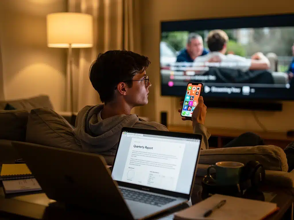 Person multitasking with laptop, smartphone, and TV streaming, illustrating the integration of media into daily routines.