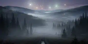 Mysterious lights in a vast American wilderness at dusk, hinting at unexplained phenomena.
