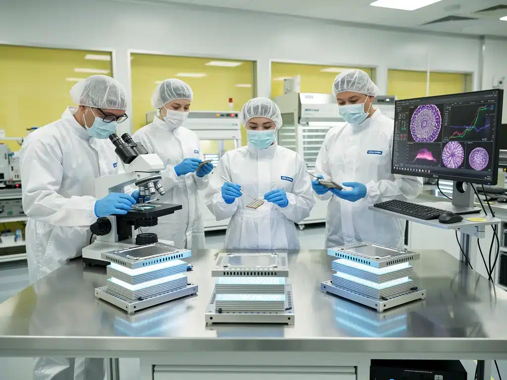 Scientists inspecting nanotech energy storage devices