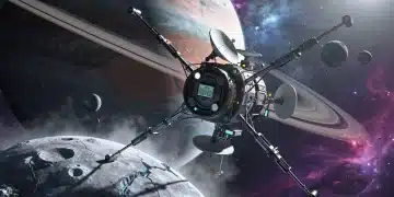 Futuristic space probe near exoplanet with moons, symbolizing NASA's 2026 discoveries