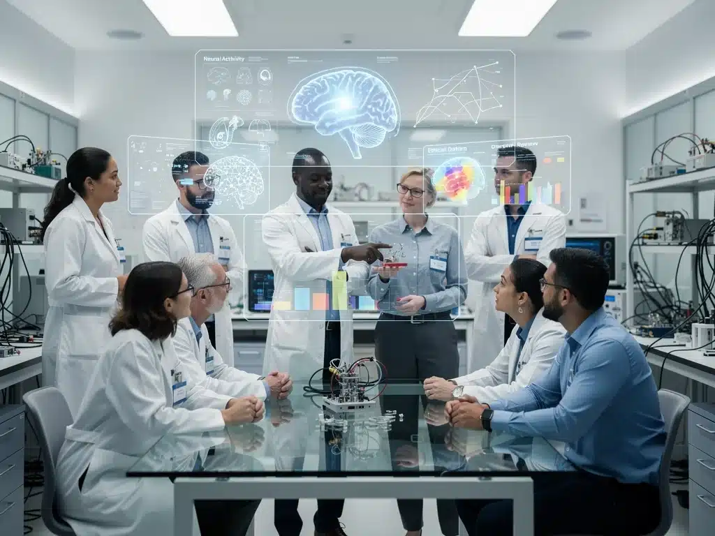 Researchers discussing neurotechnology data in a lab, highlighting ethical review processes and collaborative development.