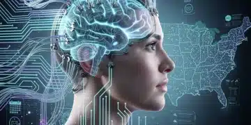 Futuristic brain-computer interface with digital circuits representing advanced neurotechnology in the U.S. by 2026.