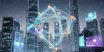 Futuristic quantum computing landscape with entangled qubits and glowing circuits, symbolizing innovation reshaping US industries.