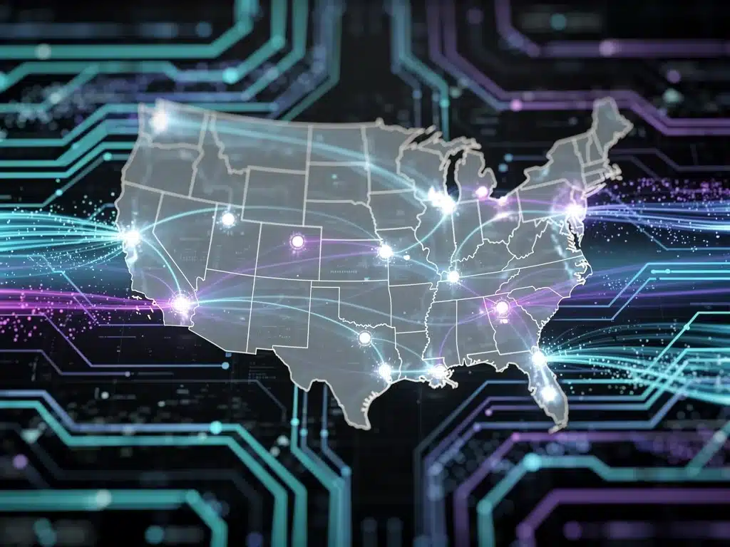 Abstract visualization of quantum data flow optimizing supply chains across a digital map of the United States.