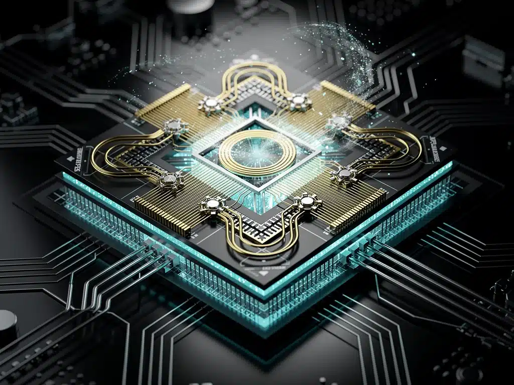 Close-up of a sophisticated quantum processor chip, highlighting its complex architecture and glowing components.