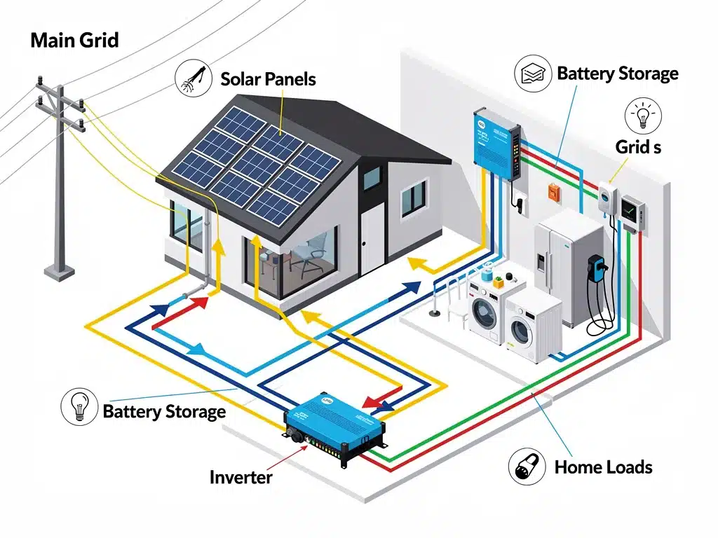 Diagram of a residential microgrid system with solar and battery.