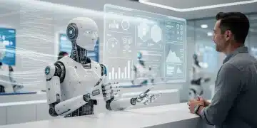 Robotic assistant engaging with a customer in a futuristic customer service environment.