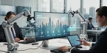 Robotic Process Automation (RPA) streamlining operations in a U.S. service industry office, illustrating cost savings.
