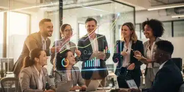Small business owners collaborating with AI analytics in a modern office