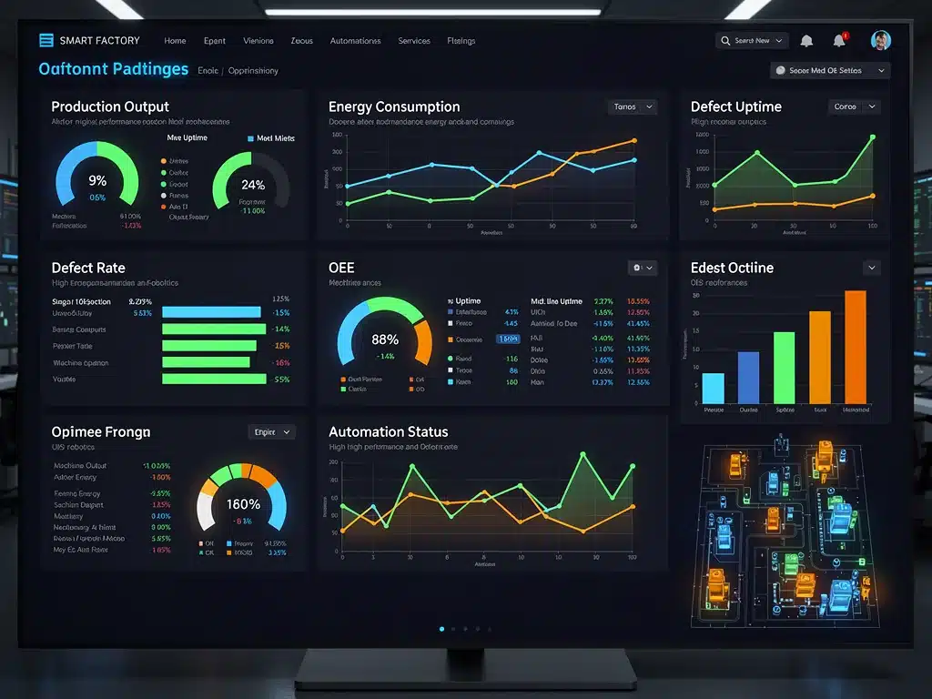 Digital dashboard showing real-time manufacturing data, illustrating efficiency gains from automation.