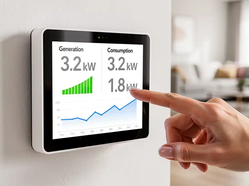 Smart home energy monitor showing real-time generation.