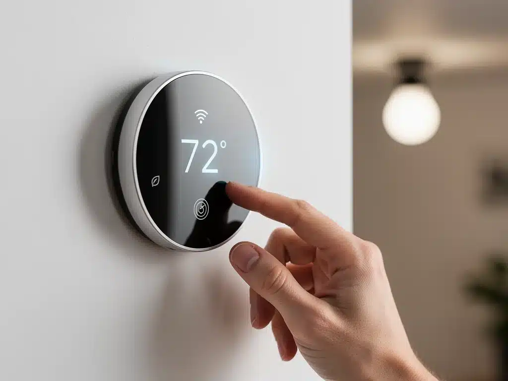 Hand adjusting a smart thermostat for energy management in a connected home.
