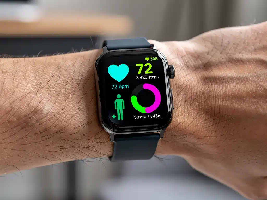 Smartwatch displaying health metrics on a wrist.