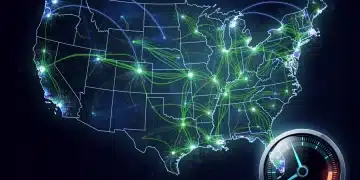 Abstract map of the US with glowing lines representing high-speed internet connections and a digital speedometer indicating 250 Mbps.