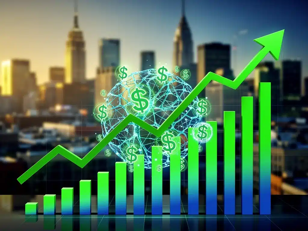 Neurotechnology market growth visualization with upward graphs and neural patterns in U.S. city background.