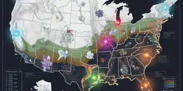 Futuristic map of the US with nine glowing markers indicating new mineral discoveries, symbolizing resource exploration and potential economic impact.