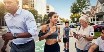 People in the US using various wearable health devices like smartwatches and fitness trackers.