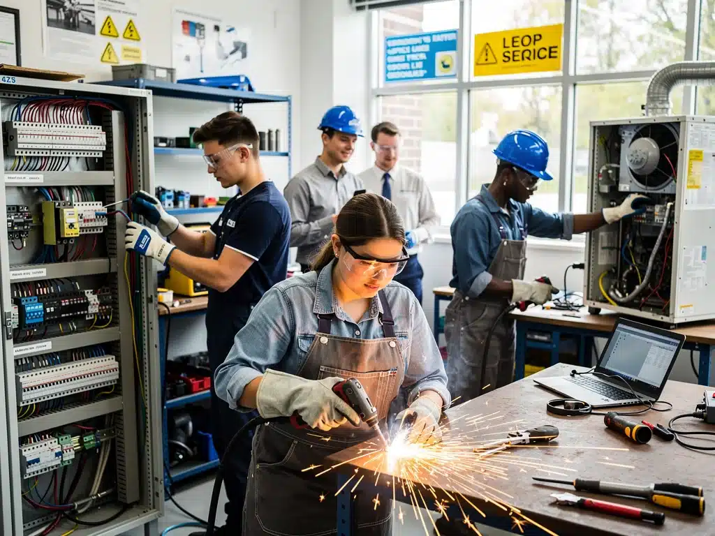 Students learning vocational skills in a modern workshop